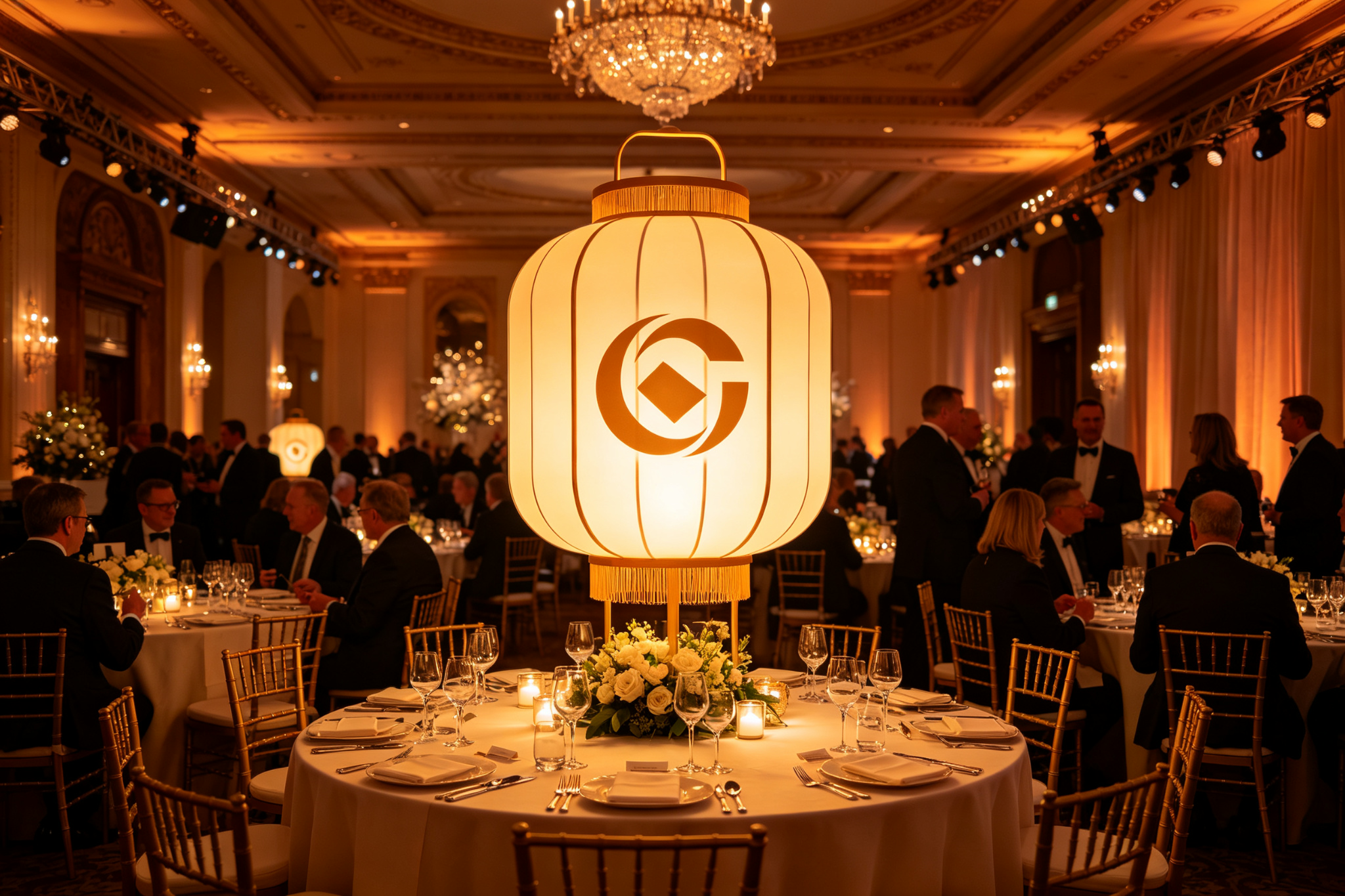 Corporate event with custom branded lantern sculpture and elegant gala lighting