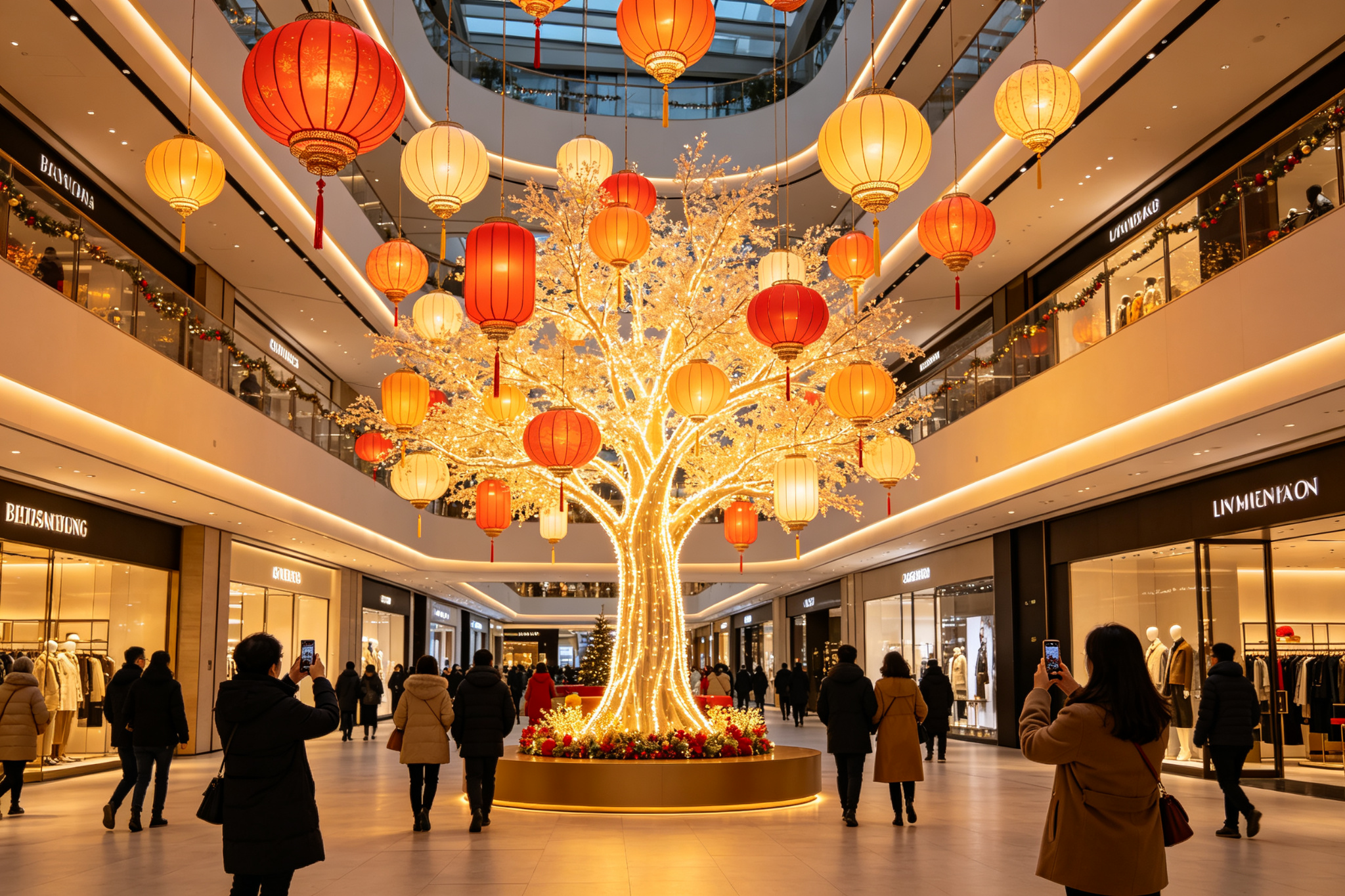 Shopping mall indoor lantern installation with festive holiday lighting and shoppers