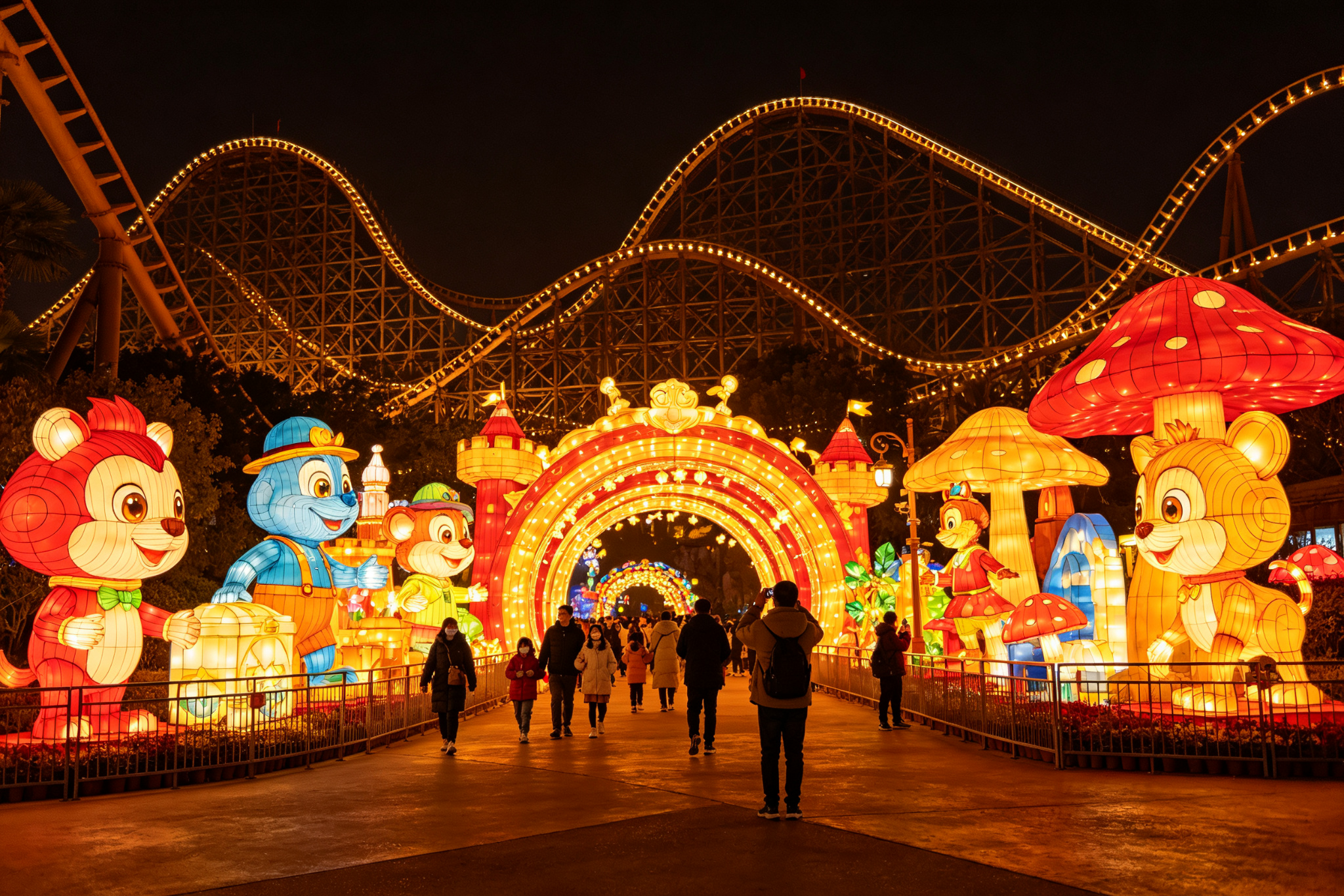 Theme park lantern festival display with illuminated rides and character lanterns at night
