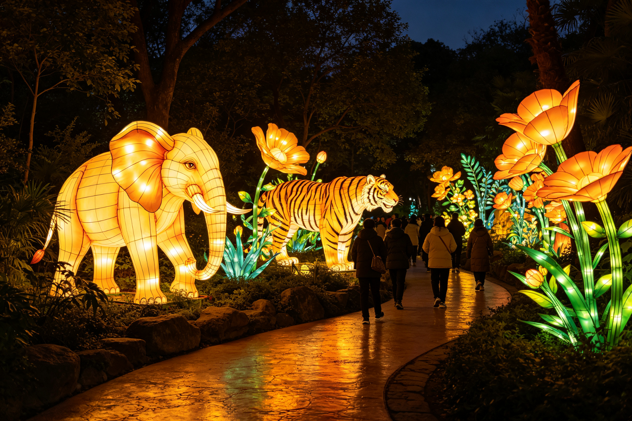 Zoo night trail with animal-shaped lanterns and glowing botanical displays