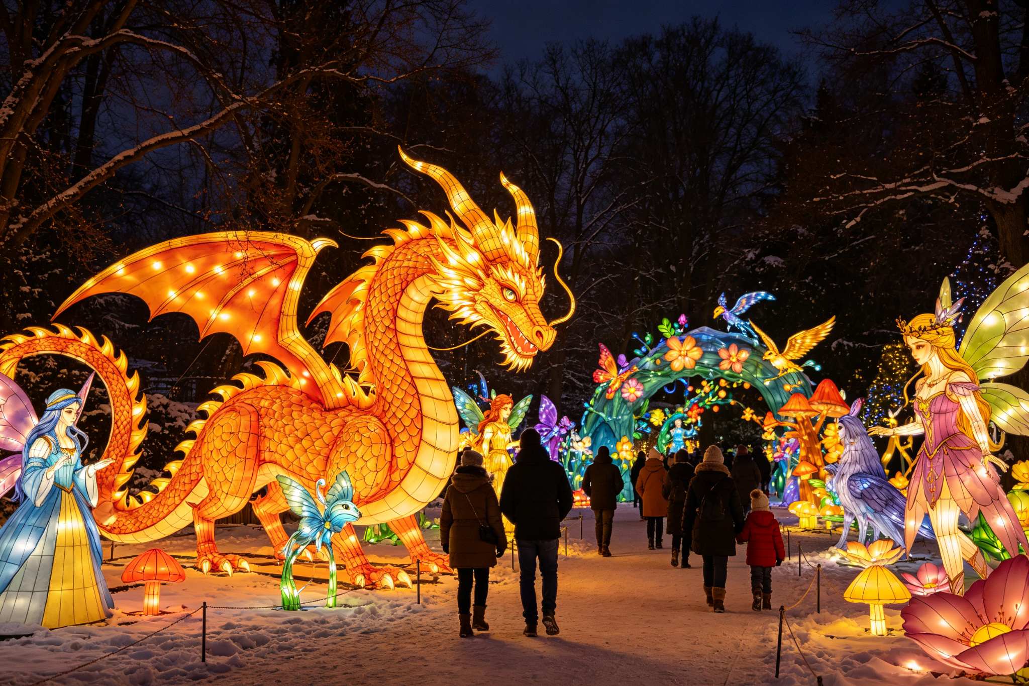 Fantasy themed lantern festival in Germany - glowing dragon and fairy lanterns in a snowy forest