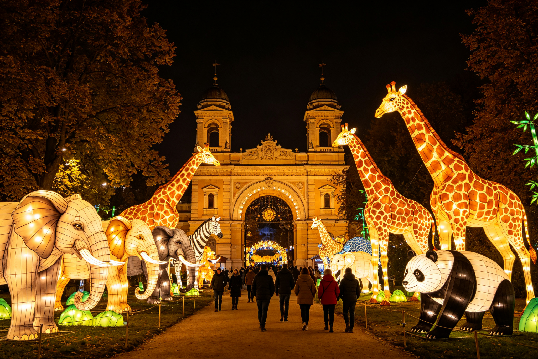 World animals lantern festival in Hungary - glowing elephant giraffe and panda lanterns at a historic zoo