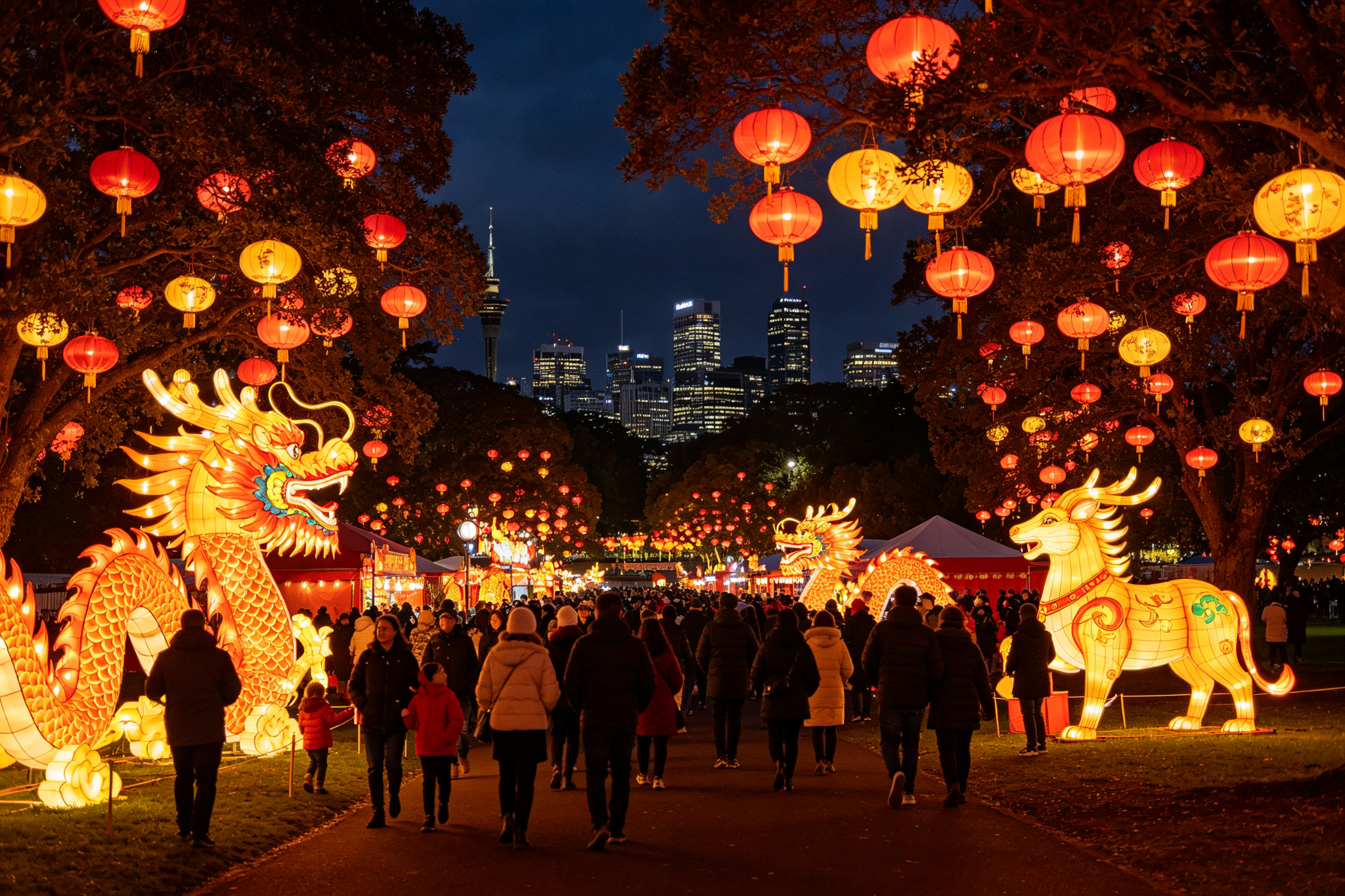 Lantern festival in New Zealand - hundreds of glowing Chinese lanterns illuminating a park at night