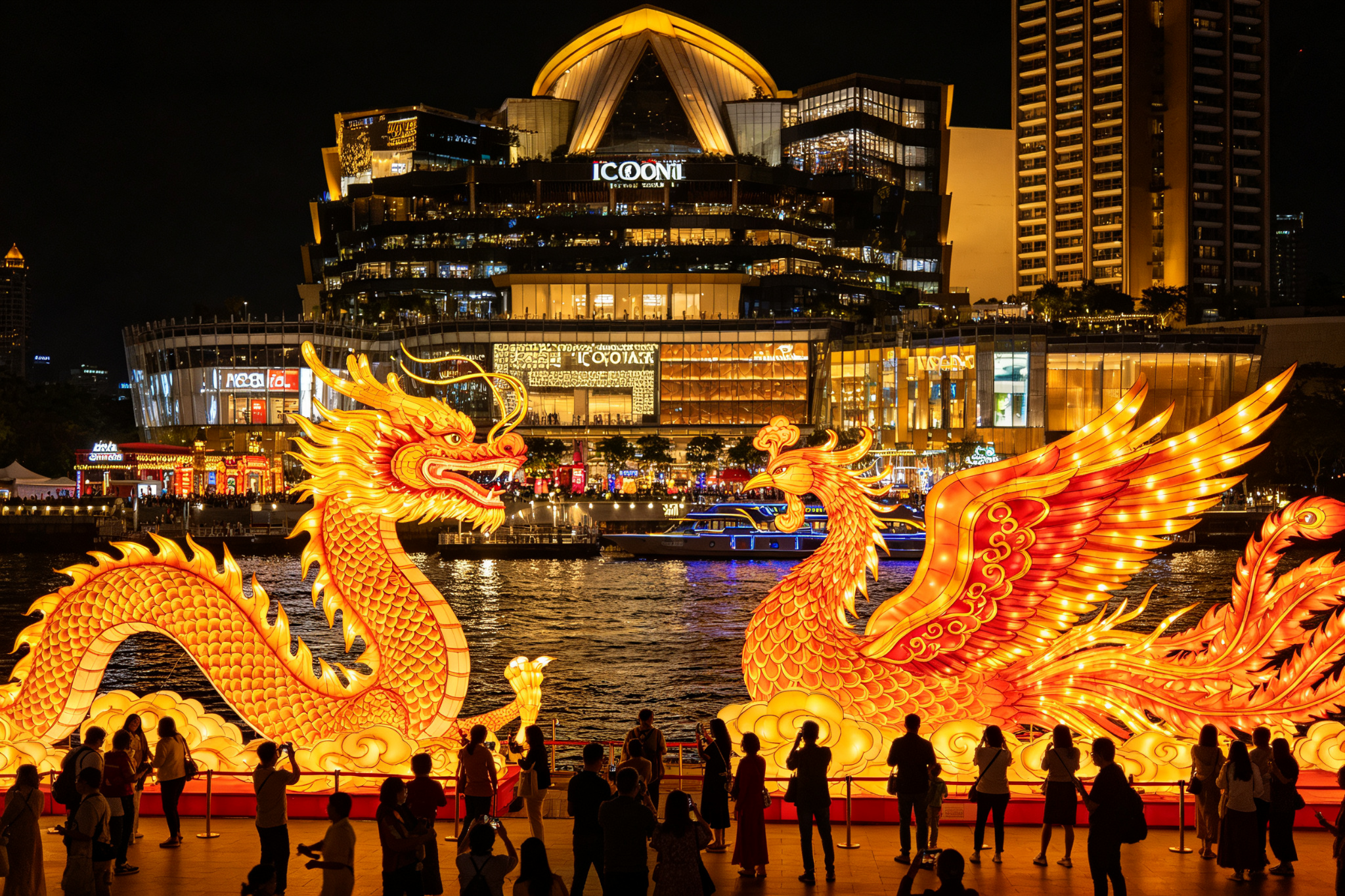 Mythical creature lantern festival in Thailand - glowing dragon and phoenix lanterns along a riverside