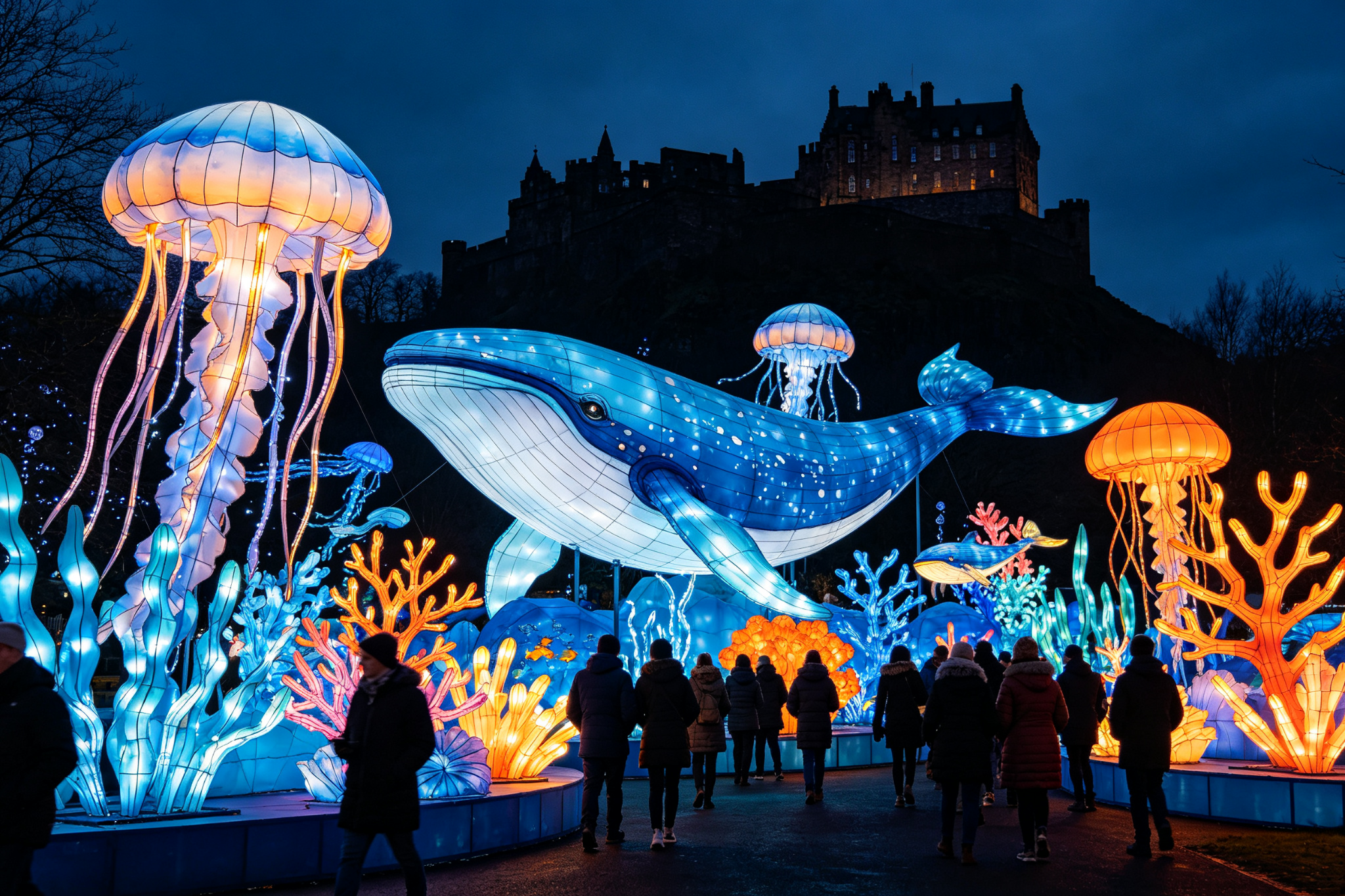 Ocean themed lantern festival in Scotland - glowing jellyfish and whale lanterns with castle backdrop