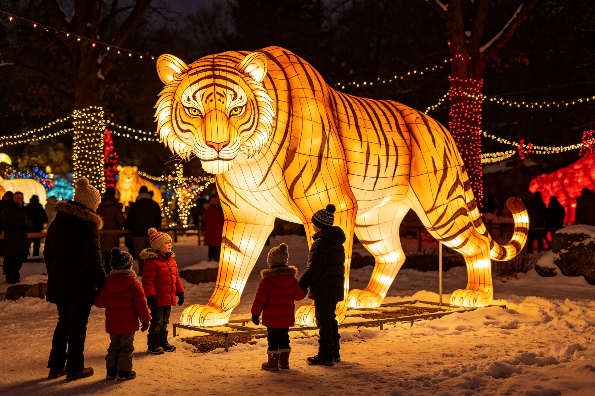 Holiday lantern experience in the USA - giant glowing tiger lantern with children watching in snow